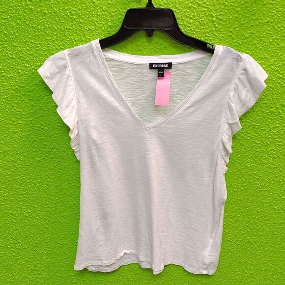 Express White Flutter Sleeve Ruffled T-Shirt - Picture 1 of 2